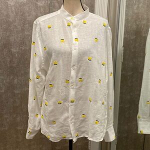 White Button-Up Shirt with Yellow Embroidered Motif